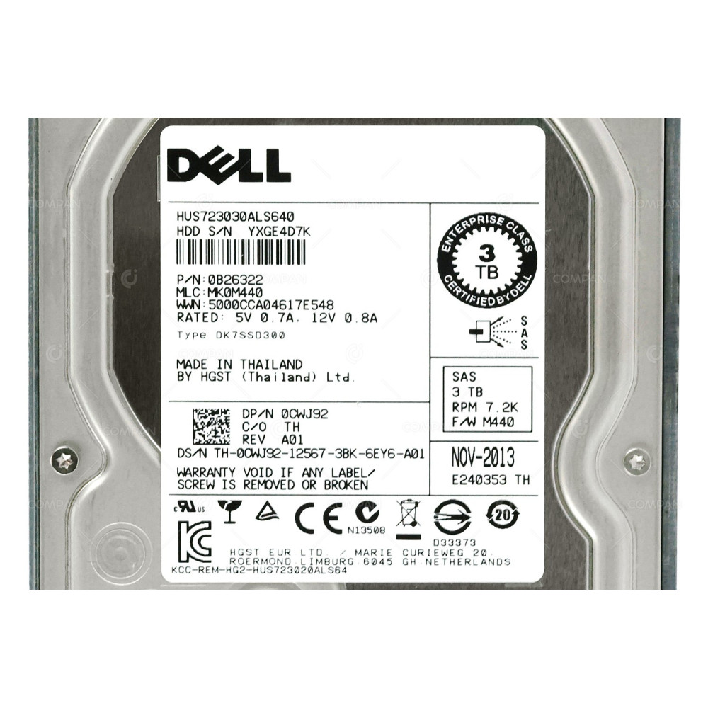 CWJ92 DELL HARD DRIVE 3TB 7.2K 6G  SAS M440 3.5 LFF HOT-SWAP FOR POWEREDGE AND POWERVAULT SERVER
